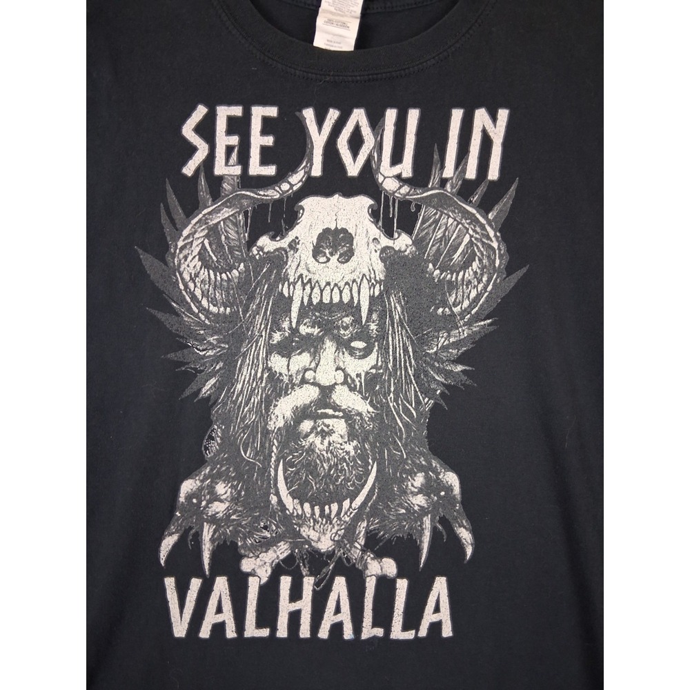 Valhalla Mens Shirt Large Black Viking Song Lyrics Skull Graphic Norse Nordic